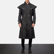 
Maverick Černá Leather Duster pro Pány in Distressed Black Sheepskin Snuffed - Přední pohled a přiléhavá silueta | Koupit online