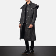 
Distressed Black Sheepskin Snuffed Trench Coat - Zadní pohled s definovanými rameny a čistým lemem