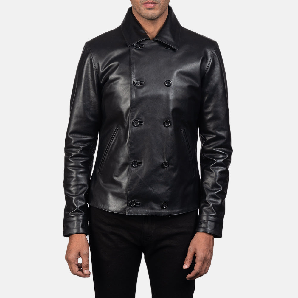 
Mod Černá Leather Peacoat pro Pány in Black Cowhide Leather - Přední pohled a přiléhavá silueta | Koupit online