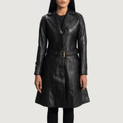 Close-Up Detail of Notch &amp; Button Hardware on Women's Moonlight Black Leather Trench Coat