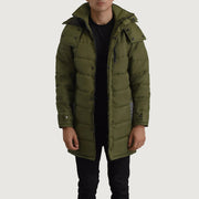 
Moore Olivově zelená Hooded Parka pro Pány in Green Full-Grain Leather - Přední pohled a přiléhavá silueta | Koupit online