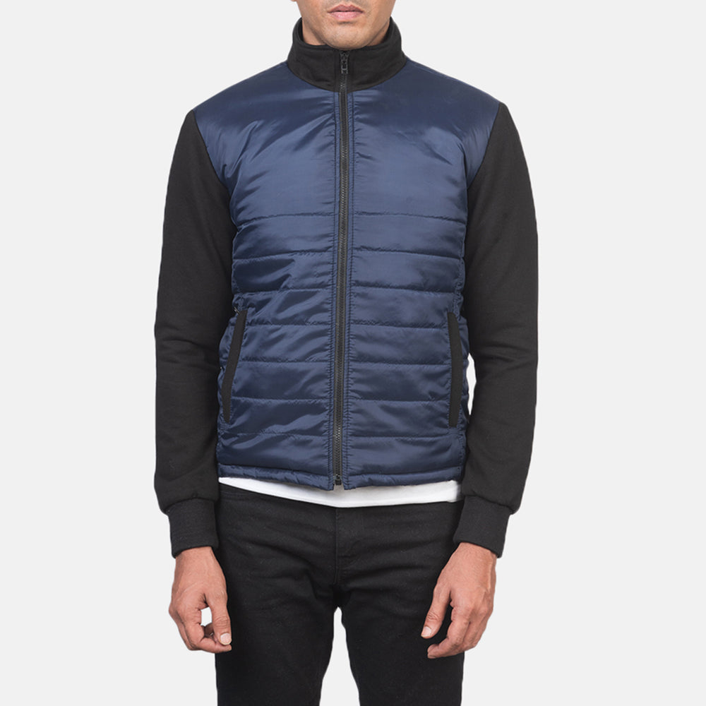 
Detailní pohled of High Neck & Zipper with wind flap Hardware on Nashville Prošívaná Modrá Windbreaker Kožená bunda pro Pány