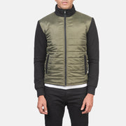 
Detailní pohled of High Neck & Zipper with wind flap Hardware on Nashville Prošívaná Olivově zelená Windbreaker Kožená bunda pro Pány