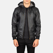 
Nintenzo Black Hooded Leather Jacket in Black Sheepskin Leather - Přední pohled a přiléhavá silueta | Koupit online