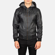 
Detailní pohled of Hooded & Zipper Hardware on Nintenzo Black Hooded Leather Jacket
