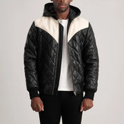 
Norman Tan Hooded Bomber Leather Puffer Jacket in Tan Brown Sheepskin Leather - Přední pohled a přiléhavá silueta | Koupit online