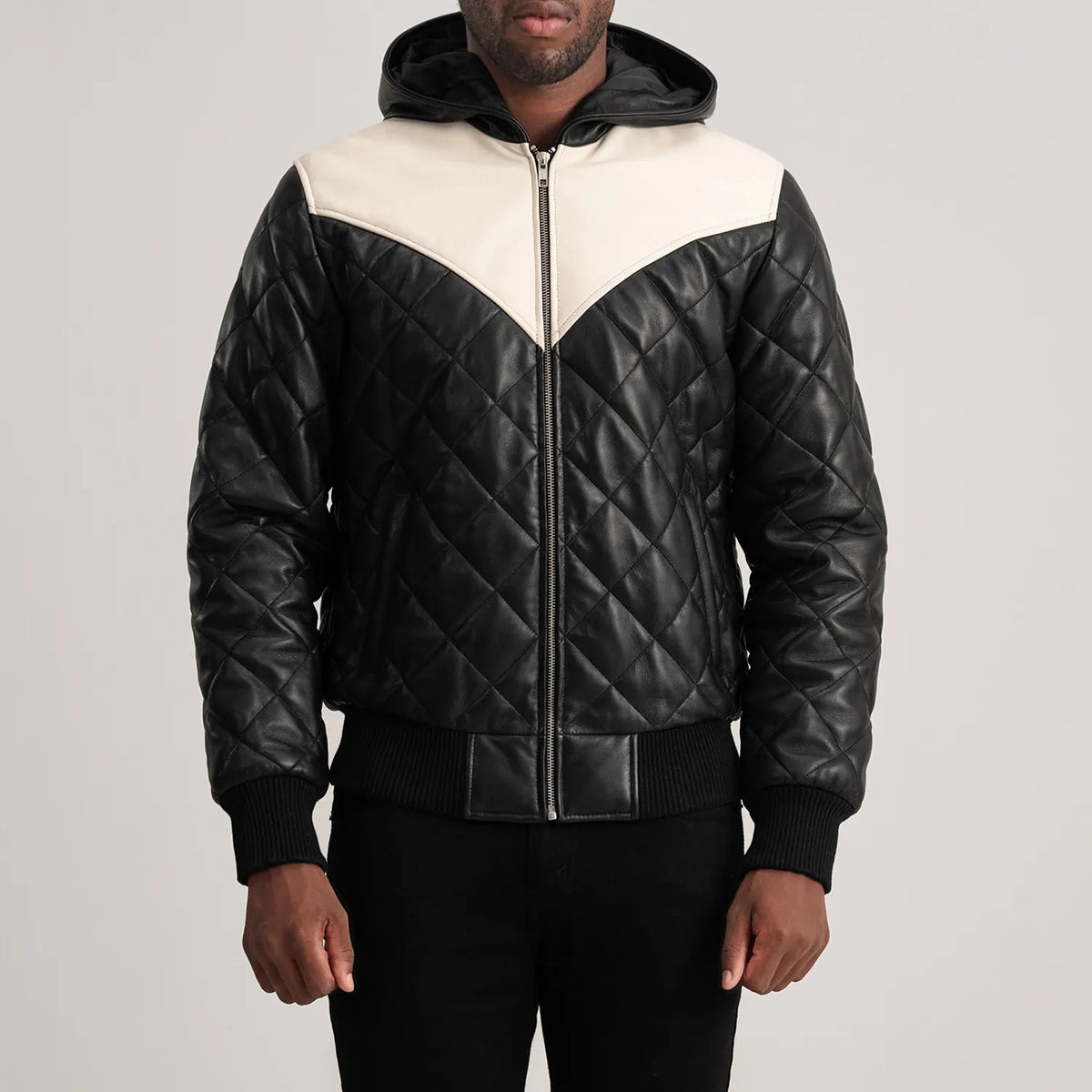 
Detailní pohled of Hooded & Zipper Hardware on Norman Tan Hooded Bomber Leather Puffer Jacket