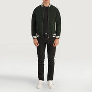 Pascal Green Suede Varsity Jacket - Lateral Side Profile View Showing Sleeve Cut &amp; Athletic Taper Fit