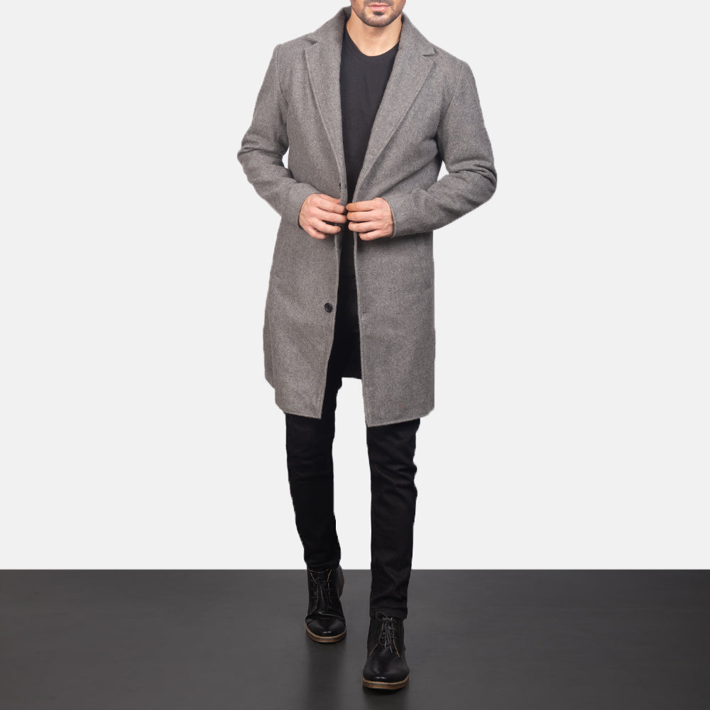 
Petrillo Grey Wool Single Breasted Kožený kabát pro Pány in Grey Synthetic Wool - Přední pohled a přiléhavá silueta | Koupit online