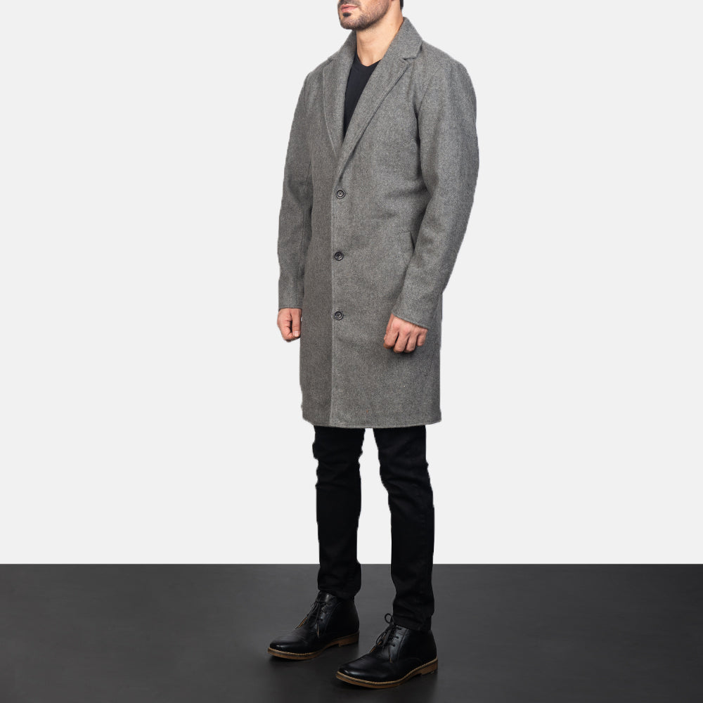 
Grey Synthetic Wool Trench Coat - Zadní pohled s definovanými rameny a čistým lemem