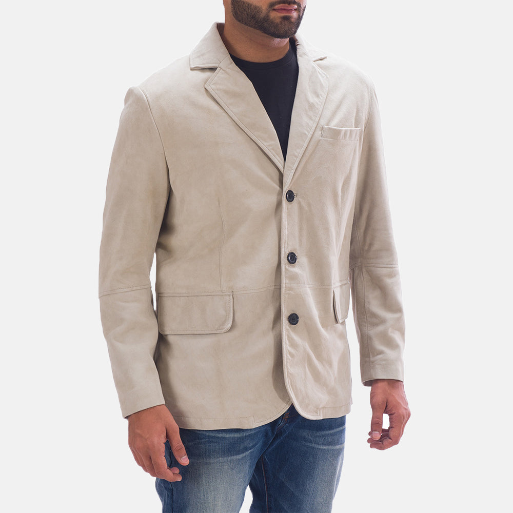 
Off White (Greyish) Goatskin Suede Leather Blazer - Zadní pohled s definovanými rameny a čistým lemem