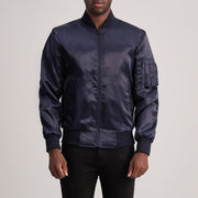 Quinton MA-1 Blue Bomber Jacket in Blue Satin - Front Profile View &amp; Tailored Silhouette | Buy Online