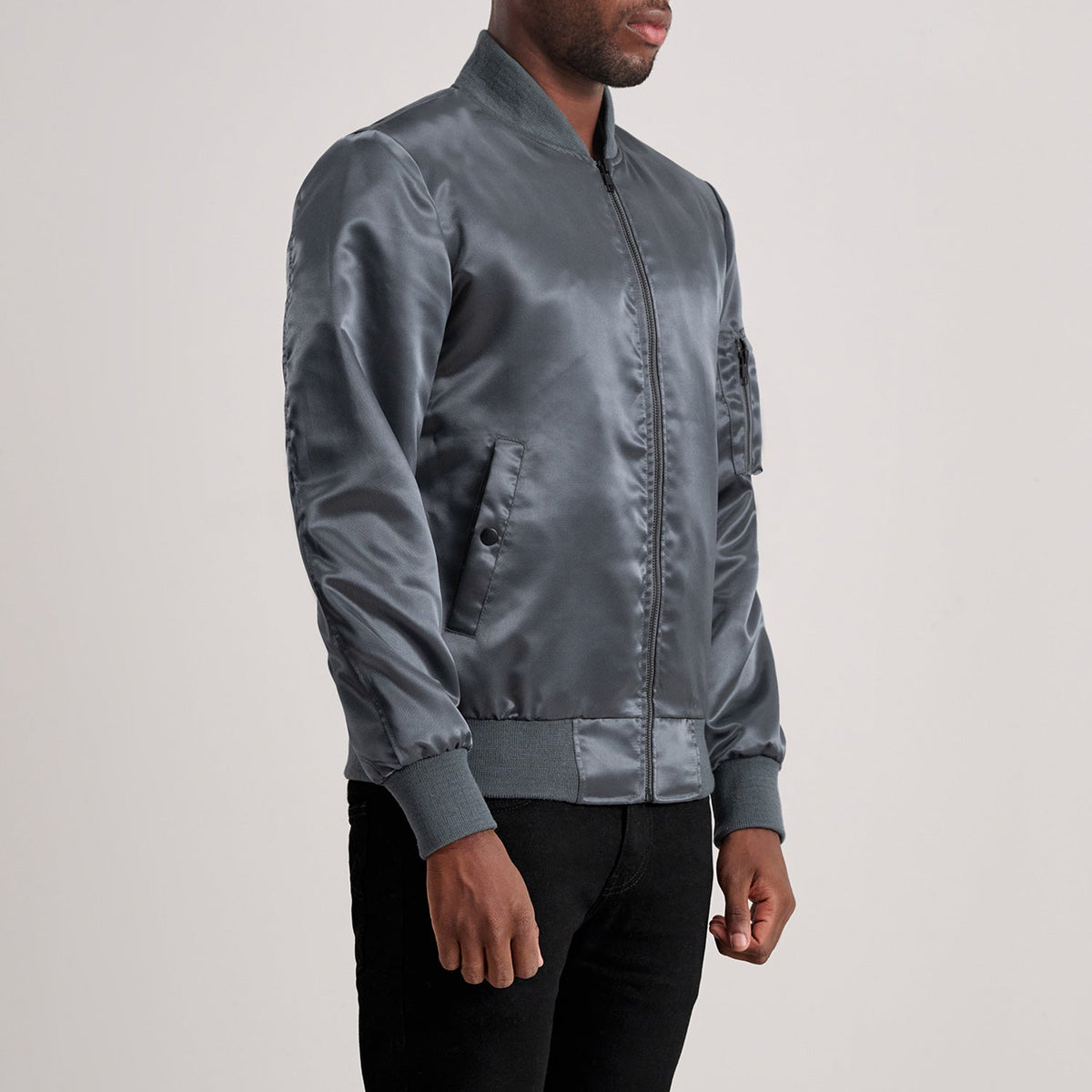 Grey Satin Bomber Jacket - Back View Showing Tailored Shoulder Fit &amp; Clean Hemline
