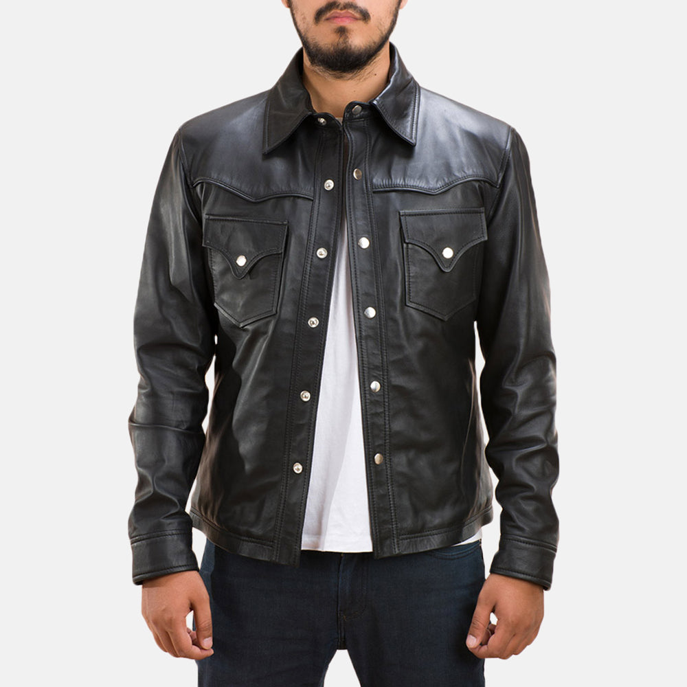
Ranchson Černá Leather Shirt pro Pány in Black Sheepskin Leather - Přední pohled a přiléhavá silueta | Koupit online
