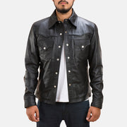 
Ranchson Černá Leather Shirt pro Pány in Black Sheepskin Leather - Přední pohled a přiléhavá silueta | Koupit online