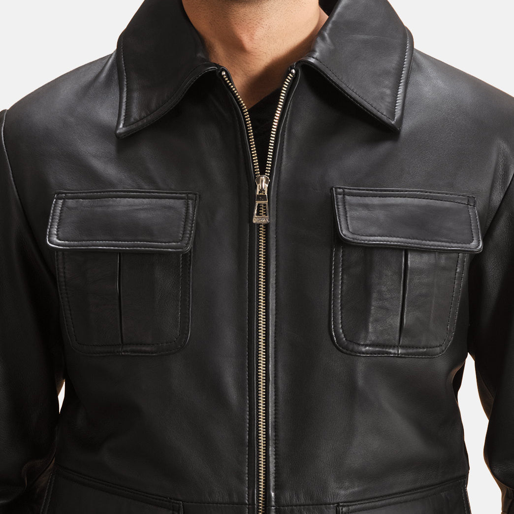Raven Černá Kožená bunda pánská - Lateral Side Profile View Showing Sleeve Cut &amp; Athletic Taper Fit