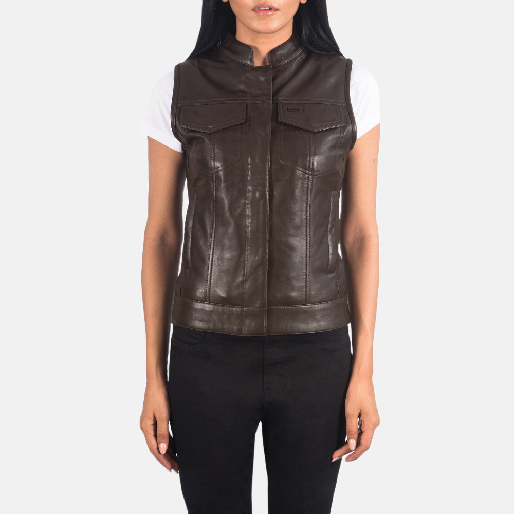 
Detailní pohled of Band & Zipper with Button Flap Hardware on Rayne Moto Hnědá Kožená vesta pro Dámy