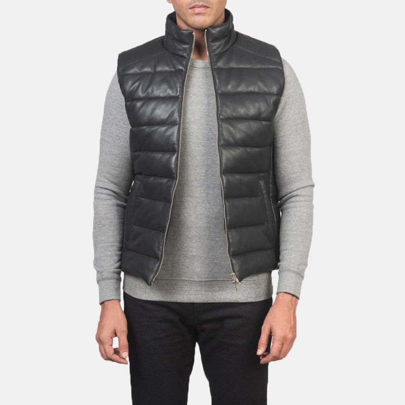 Reeves Černá Leather Puffer Vest pánská