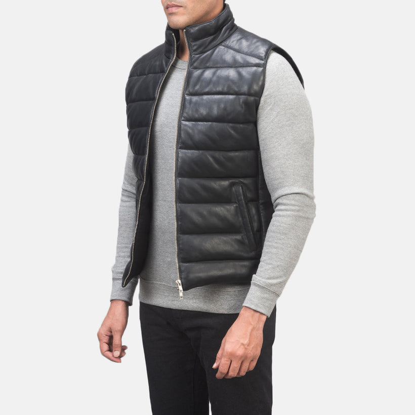 Reeves Černá Leather Puffer Vest pánská