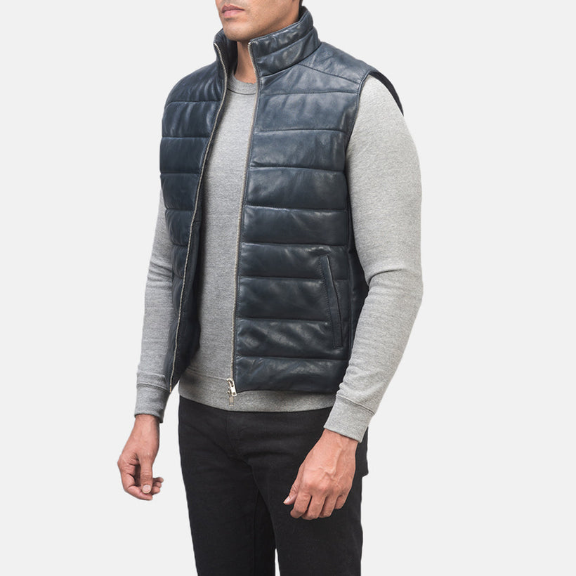 Reeves Blue Leather Puffer Vest pánská