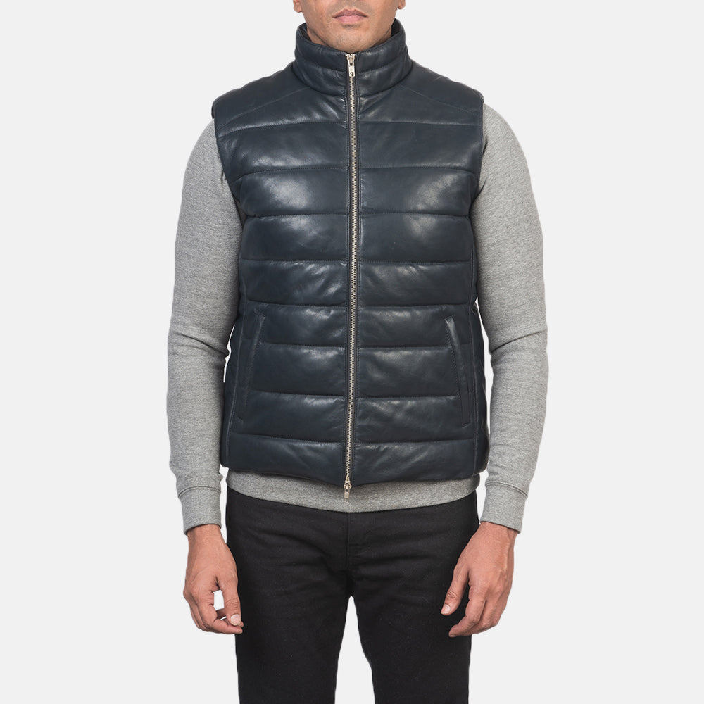 
Detailní pohled of Classic Collar & Zipper with Dual Puller Hardware on Reeves Modrá Leather Prošívaná vesta pro Pány