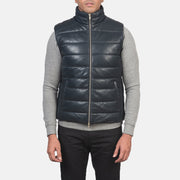 
Detailní pohled of Classic Collar & Zipper with Dual Puller Hardware on Reeves Modrá Leather Prošívaná vesta pro Pány
