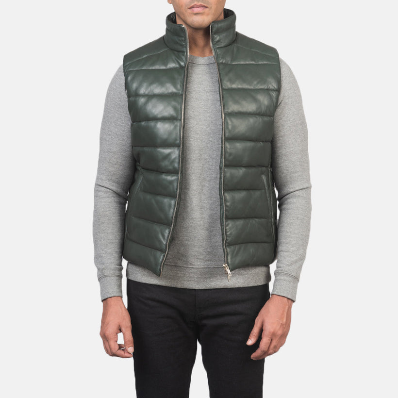 Reeves Green Leather Puffer Vest pánská