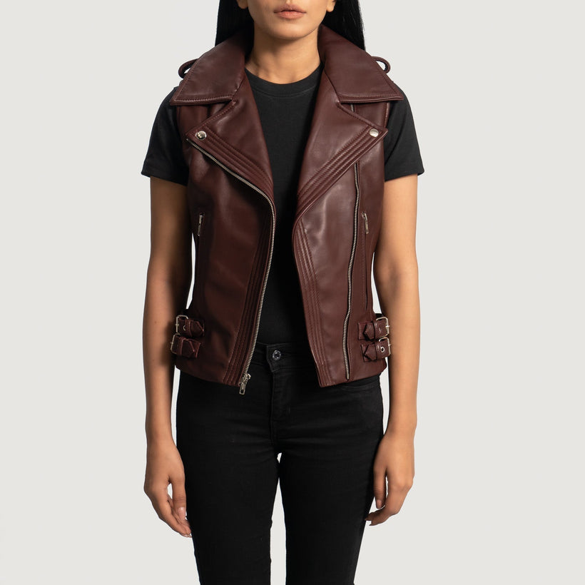 Rhonda Maroon Leather Biker Vest dámská