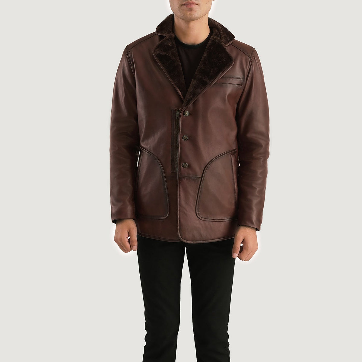 
Rocky Hnědá Fur Kožený kabát pro Pány in Distressed Brown Sheepskin Burnishing - Přední pohled a přiléhavá silueta | Koupit online