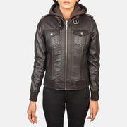 
Detailní pohled of High Neck with Belt & Zipper Hardware on Roslyn Brown Hooded Leather Bomber Jacket