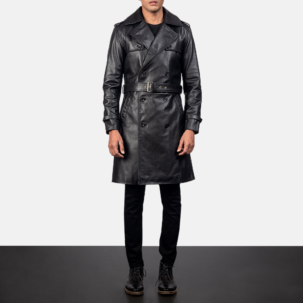 
Royson Černá Leather Duster Kožený kabát pro Pány in Black Cowhide Leather - Přední pohled a přiléhavá silueta | Koupit online