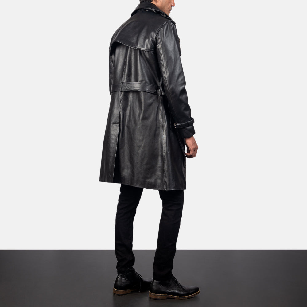 
Royson Černá Leather Duster Kožený kabát pro Pány - Boční pohled ukazující ergonomický střih rukávů