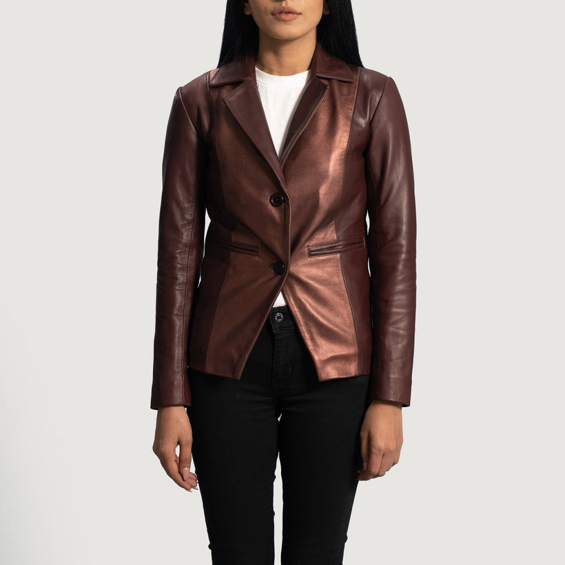Ruby Metallic Maroon Leather Blazer dámská