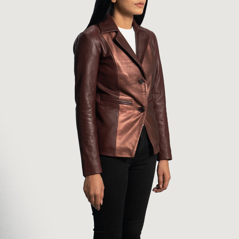 Ruby Metallic Maroon Leather Blazer dámská
