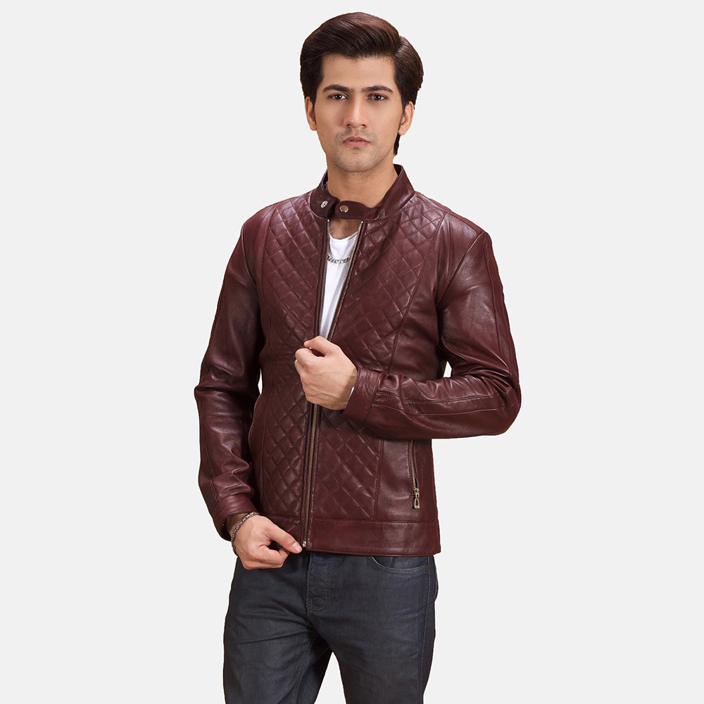 
Rumano Jae Vínová Kožený motorkářský křivák pro Pány in Maroon Sheepskin Leather - Přední pohled a přiléhavá silueta | Koupit online