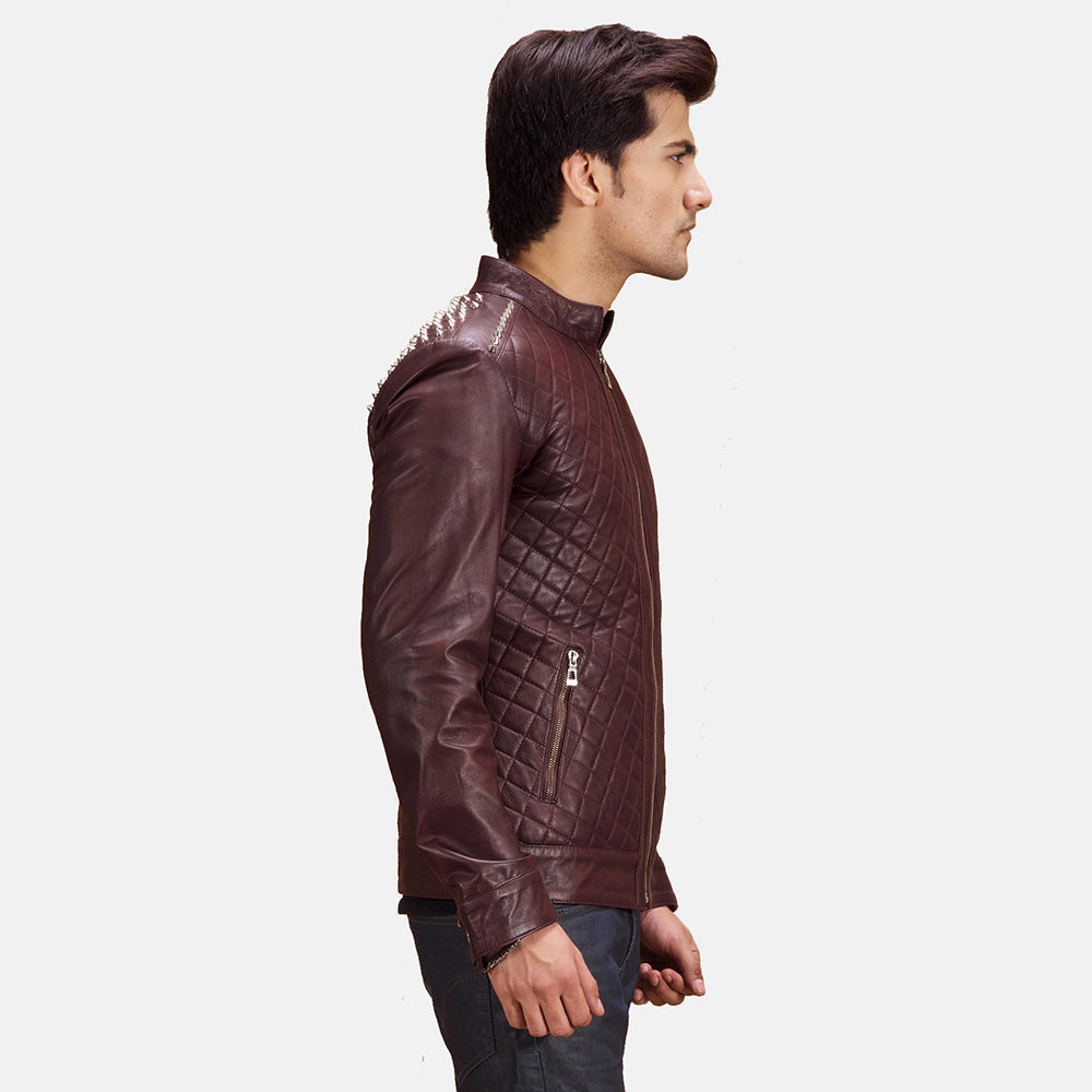
Maroon Sheepskin Leather Biker Jacket - Zadní pohled s definovanými rameny a čistým lemem