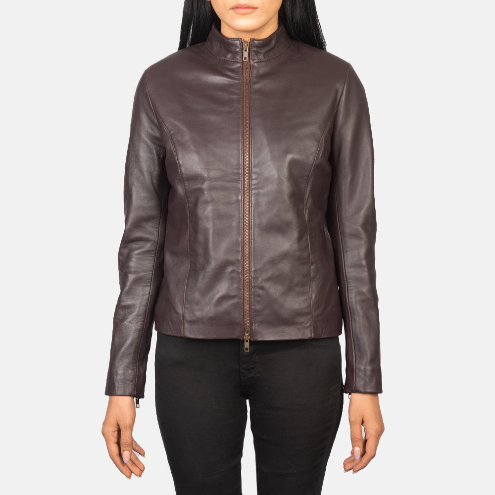 
Detailní pohled of Mandarin & Zipper with Dual Puller Hardware on Rumella Maroon Leather Biker Jacket