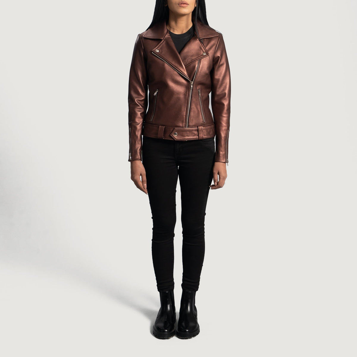 
Detailní pohled of Notch & Zipper Hardware on Rumy Maroon Leather Biker Jacket