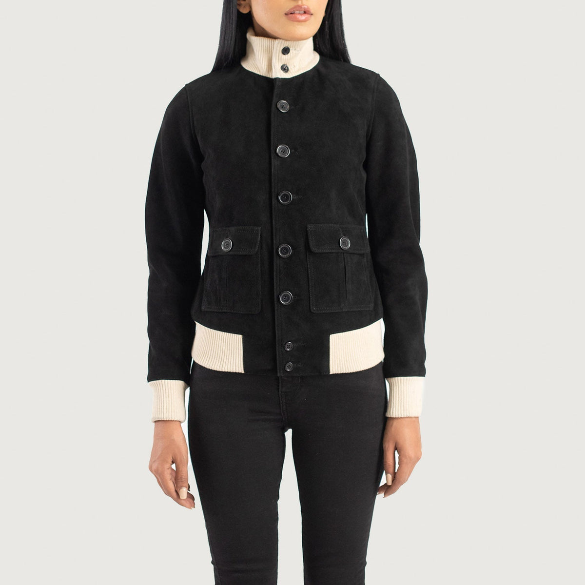 
Detailní pohled of Knit Rib & Buttons Hardware on Sasha A1 Black Suede Bomber Jacket