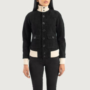 
Detailní pohled of Knit Rib & Buttons Hardware on Sasha A1 Black Suede Bomber Jacket