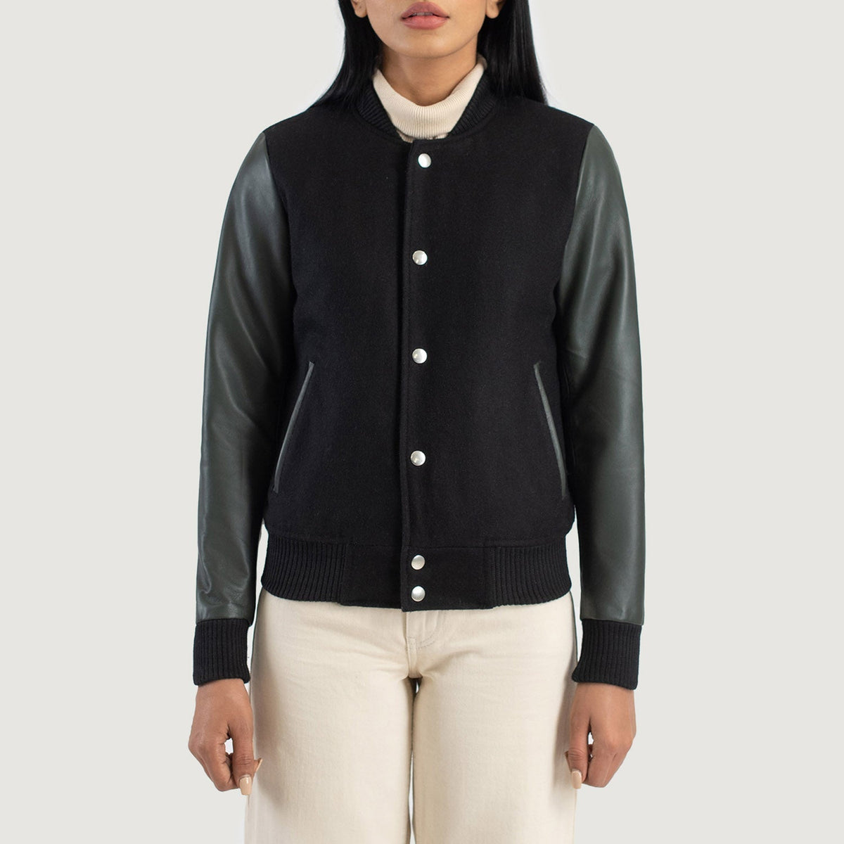 
Detailní pohled of Varsity & Snap Buttons Hardware on Savant Green Hybrid Varsity Jacket