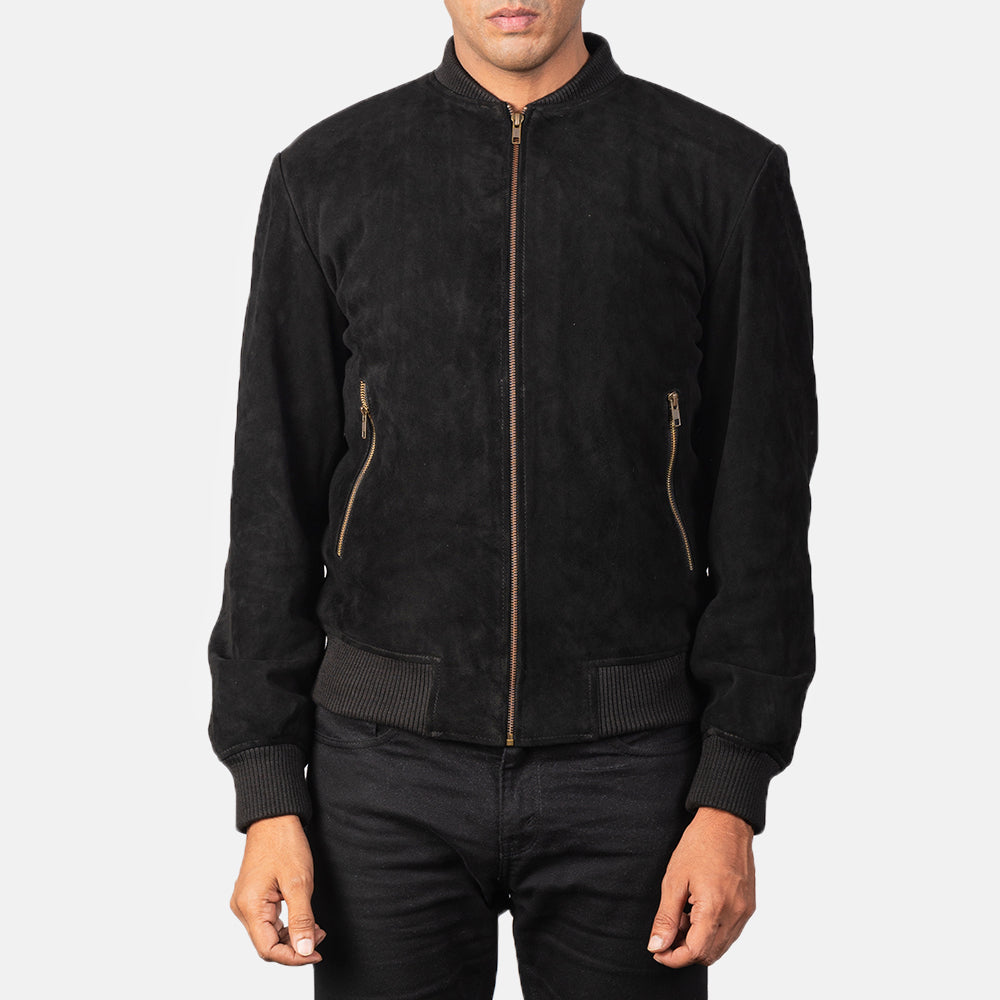 Close-Up Detail of Varsity &amp; Zipper Hardware on Men's Shane Black Suede Bomber Jacket