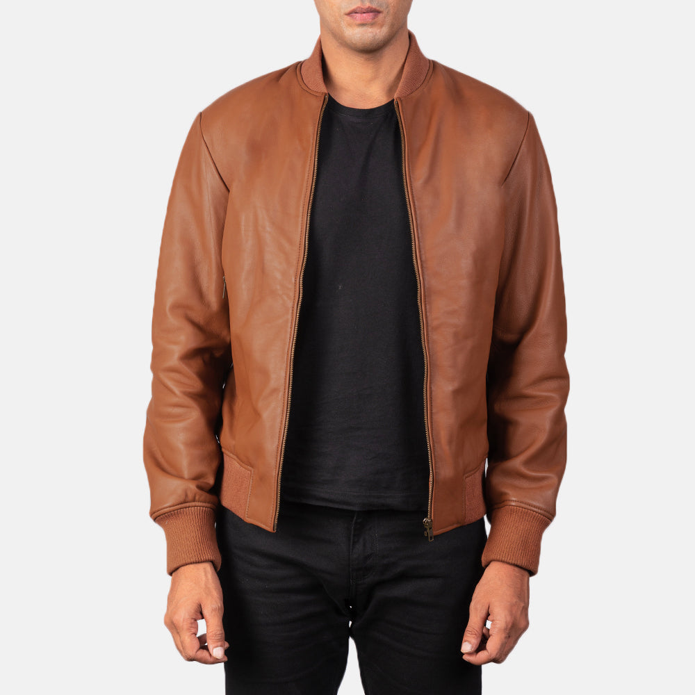 Men's Shane Brown Leather Bomber Jacket in Brown Sheepskin Leather - Front Profile View &amp; Tailored Silhouette | Buy Online