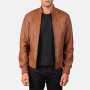 Men's Shane Brown Leather Bomber Jacket in Brown Sheepskin Leather - Front Profile View &amp; Tailored Silhouette | Buy Online