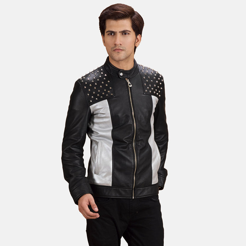 Shapron Studded Leather Biker Jacket in Black Sheepskin Leather - Front Profile View & Tailored Silhouette | Buy Online