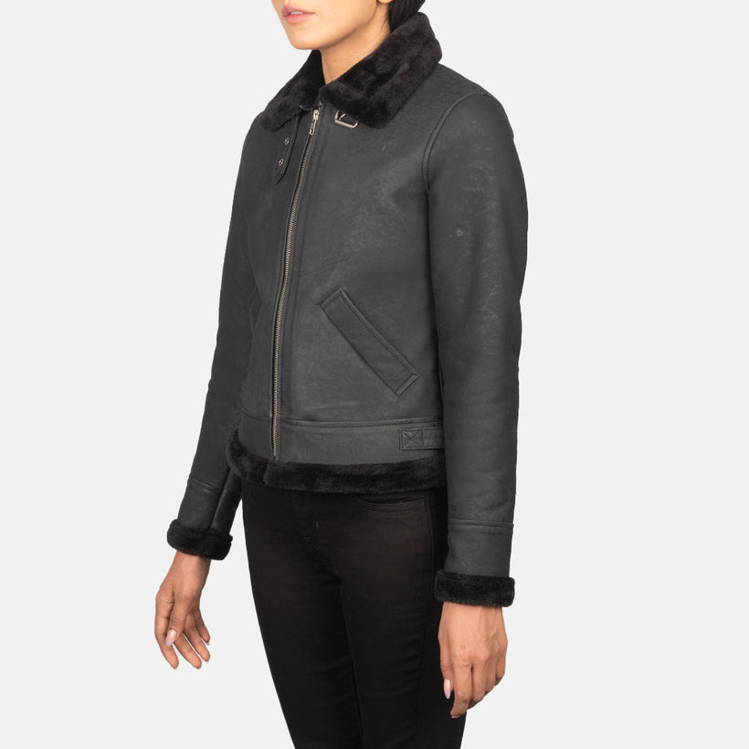 Distressed Black Sheepskin Snuffed Bomber Jacket - Back View Showing Tailored Shoulder Fit & Clean Hemline