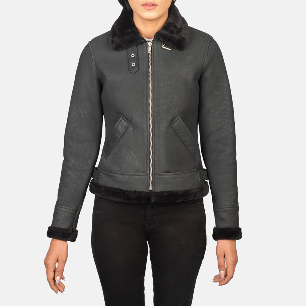 
Detailní pohled of Buckled Collar & Zipper Hardware on Sherilyn B-3 Distressed Black Leather Bomber Jacket
