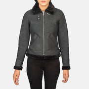 
Detailní pohled of Buckled Collar & Zipper Hardware on Sherilyn B-3 Distressed Black Leather Bomber Jacket