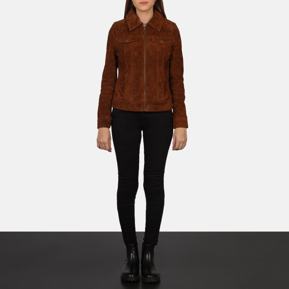 
Detailní pohled na límec a zipy na Suzy Brown Suede Trucker Jacket