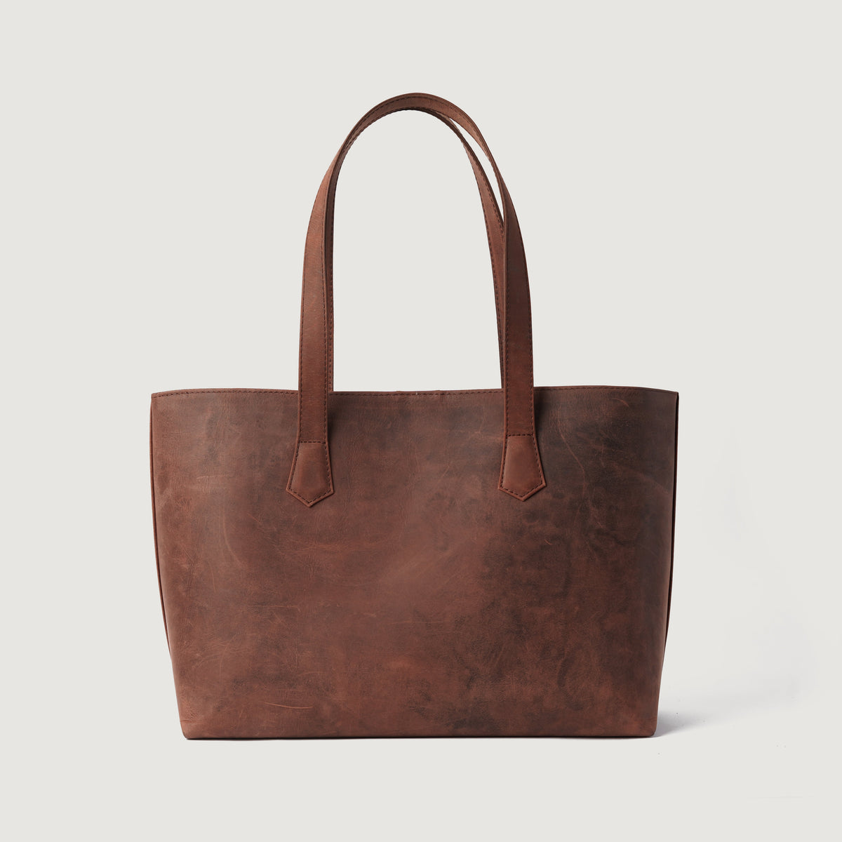 
The Bianca Vintage Distressed Brown Leather Tote Bag For Women - Strukturovaný boční profil ukazující hloubku a kapacitu